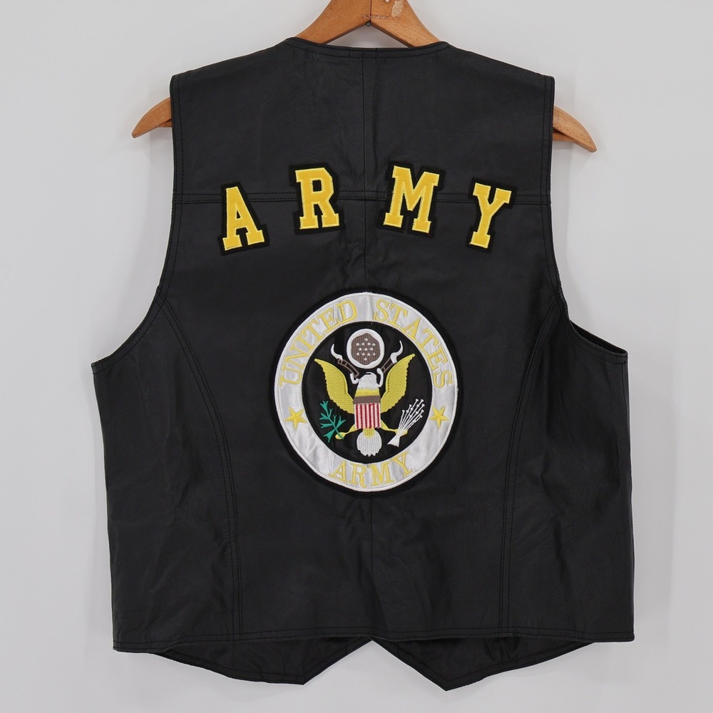 USA Leather Black Leather Biker Vest Mens Army Patch Military Eagle Moto Size XL